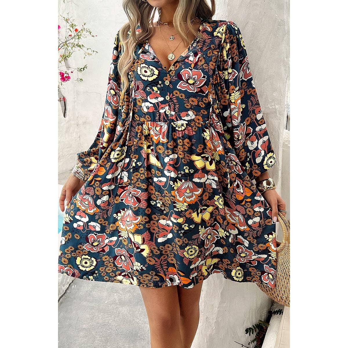 Floral Print V Neck Loose Fit Tank Ruffle Dress - MVTFASHION.COM