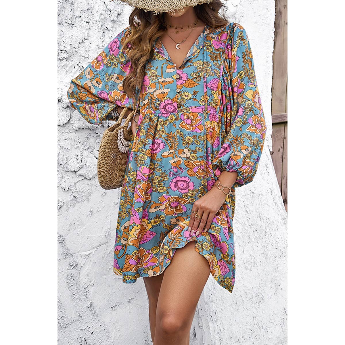 Floral Print V Neck Loose Fit Tank Ruffle Dress - MVTFASHION.COM