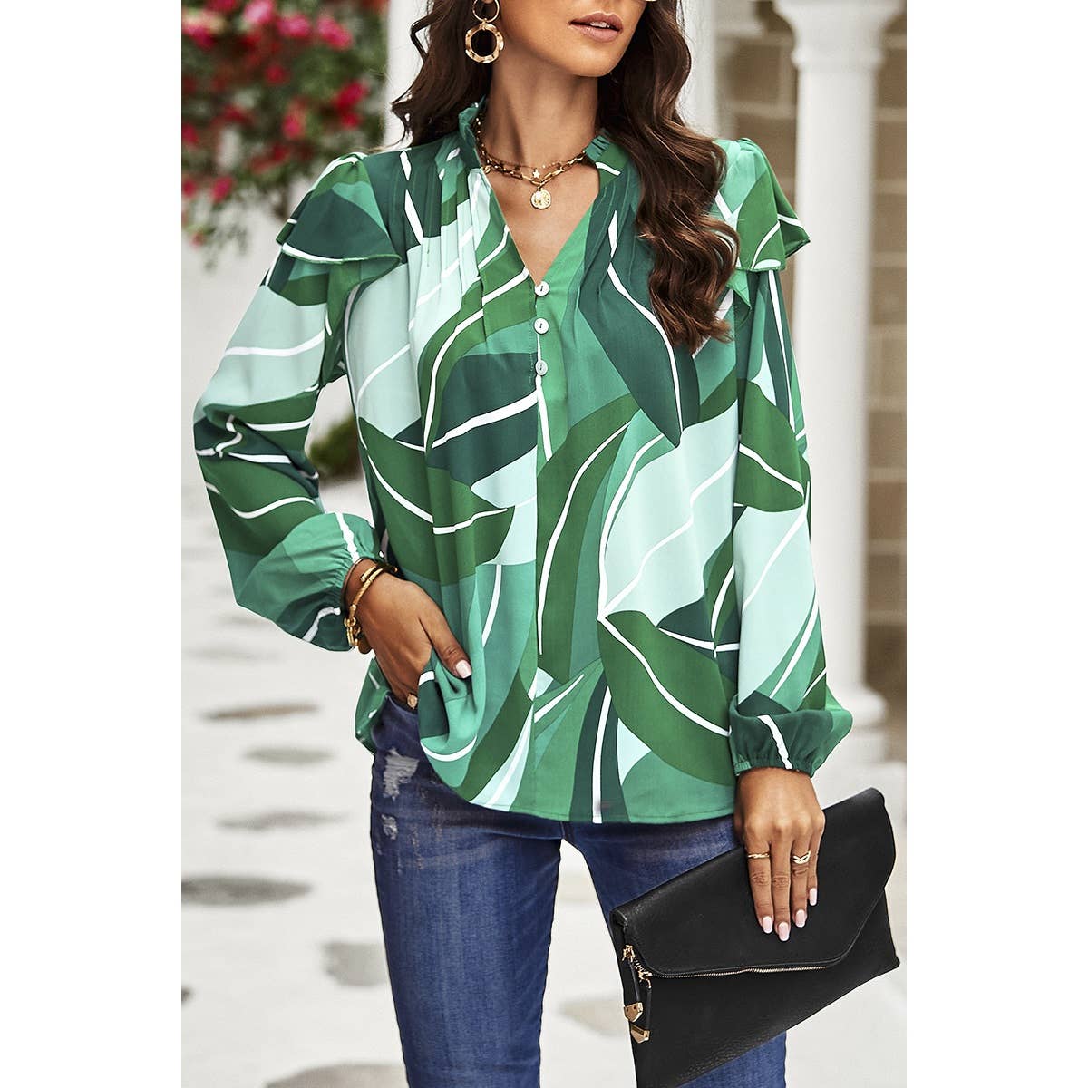 Floral Print V Neck Ruffle Puff Sleeve Top - MVTFASHION.COM