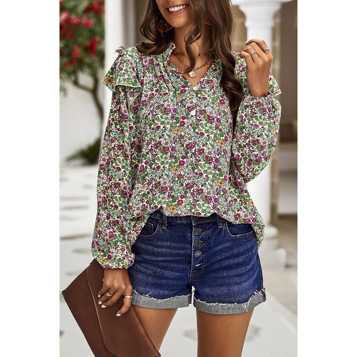 Floral Print V Neck Ruffle Puff Sleeve Top - MVTFASHION.COM