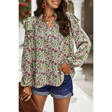 Floral Print V Neck Ruffle Puff Sleeve Top - MVTFASHION.COM