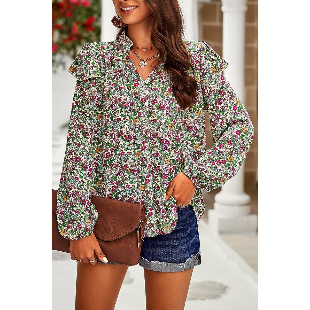 Floral Print V Neck Ruffle Puff Sleeve Top - MVTFASHION.COM