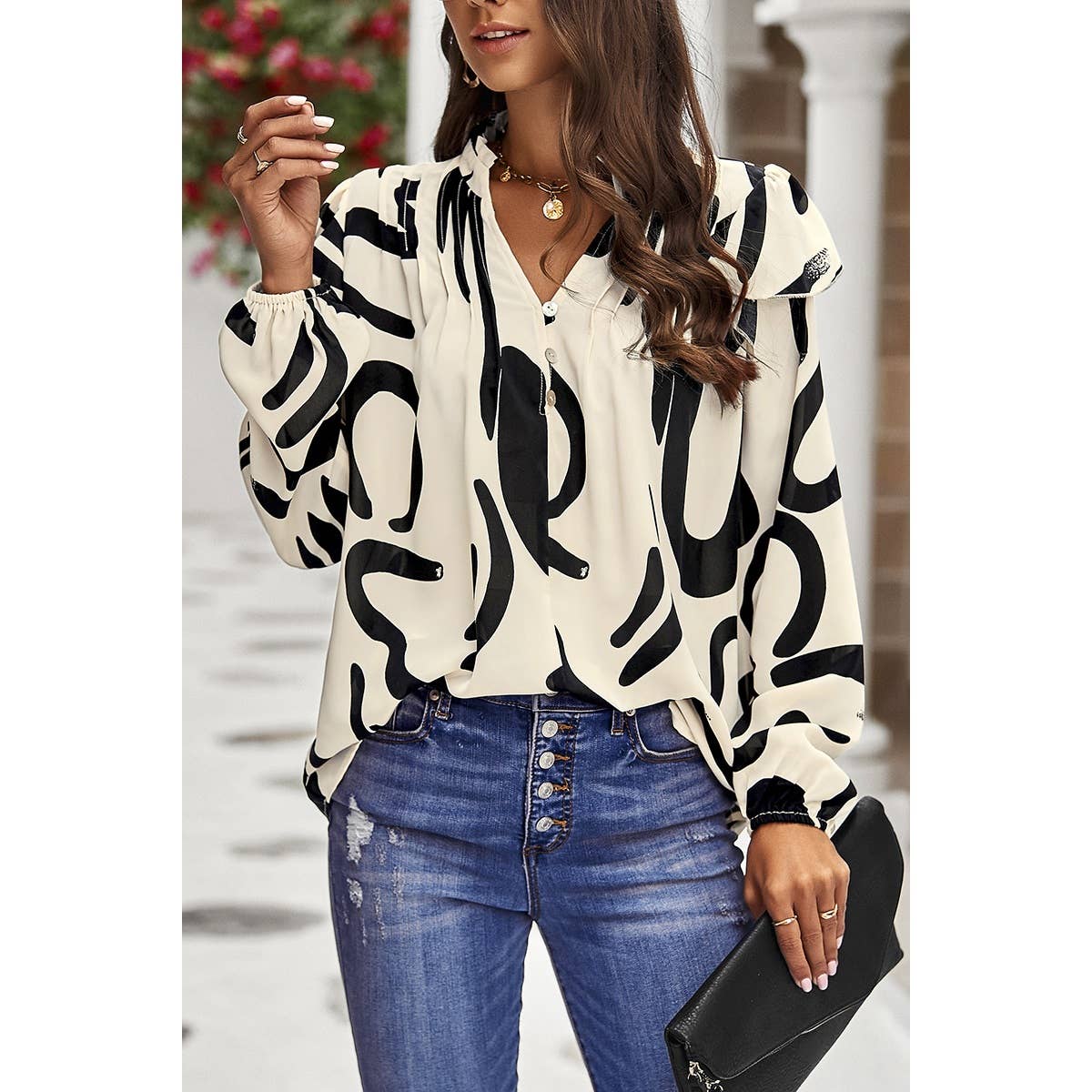 Floral Print V Neck Ruffle Puff Sleeve Top - MVTFASHION.COM