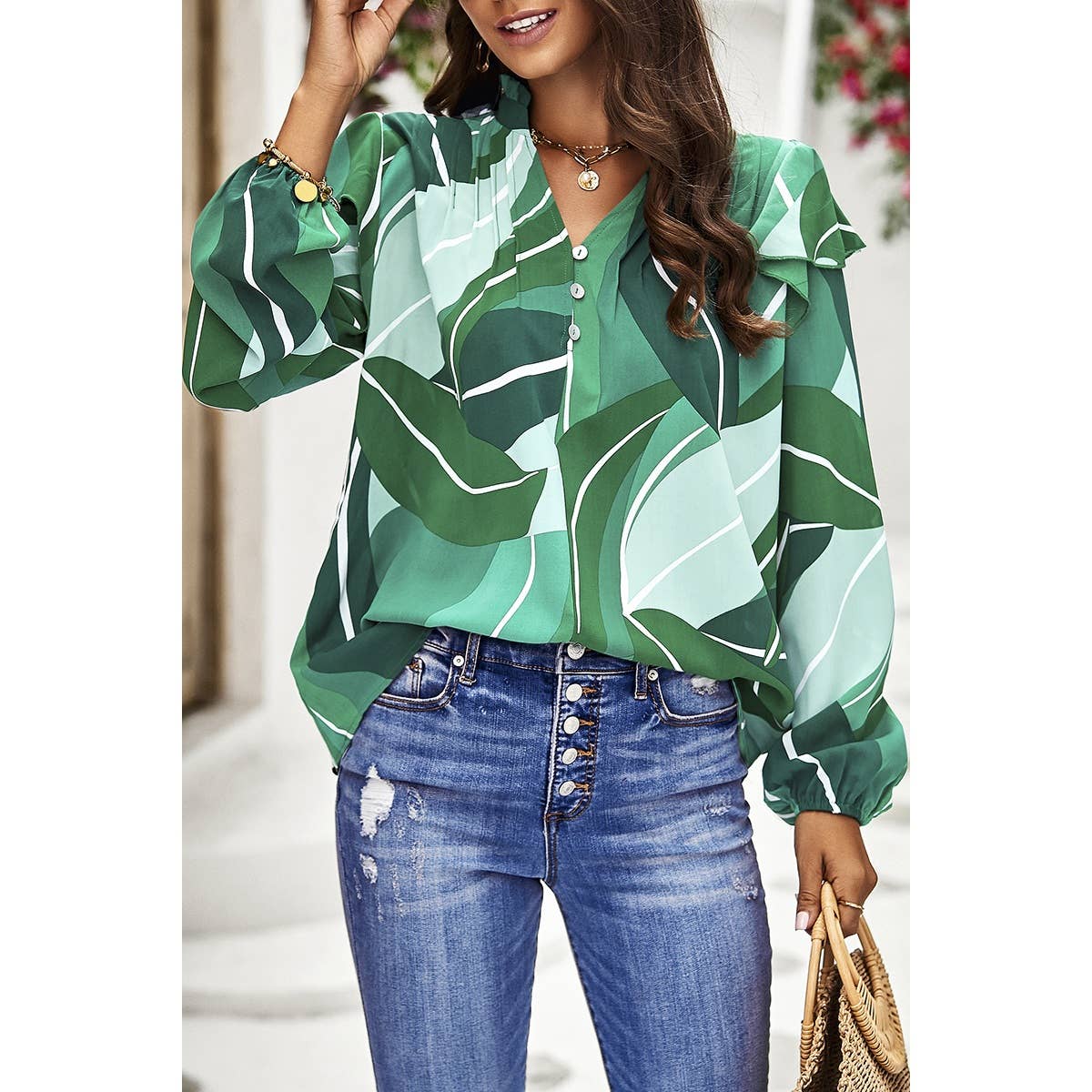 Floral Print V Neck Ruffle Puff Sleeve Top - MVTFASHION.COM