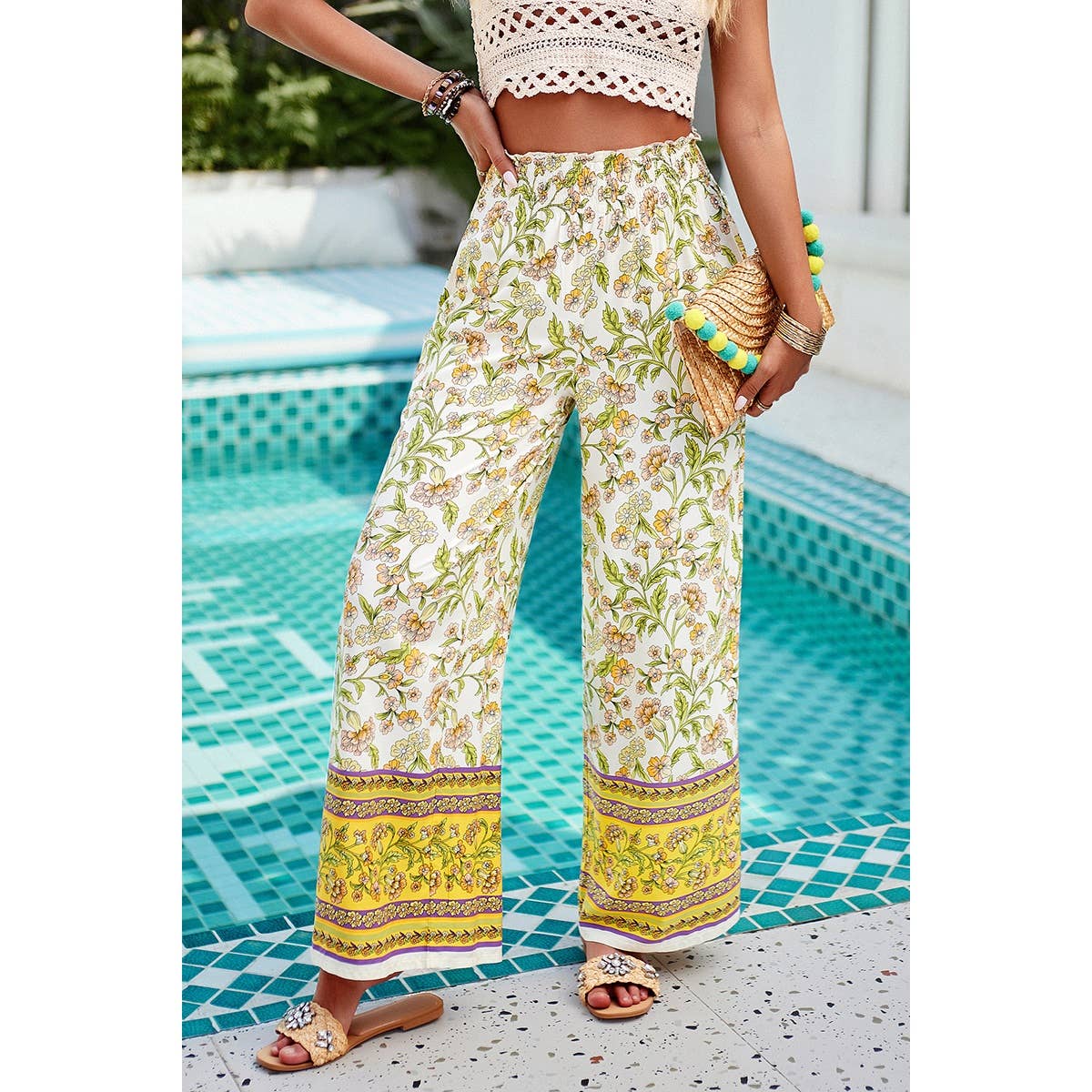 Floral Print Wide Stright Leg Pockets Elastic Pant - MVTFASHION.COM