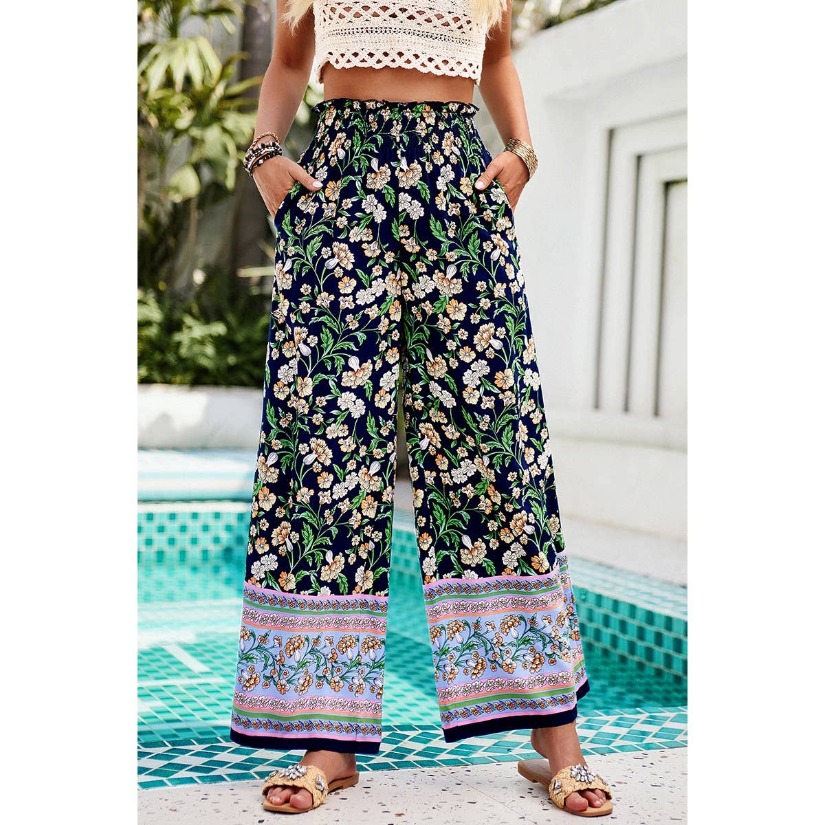 Floral Print Wide Stright Leg Pockets Elastic Pant - MVTFASHION.COM