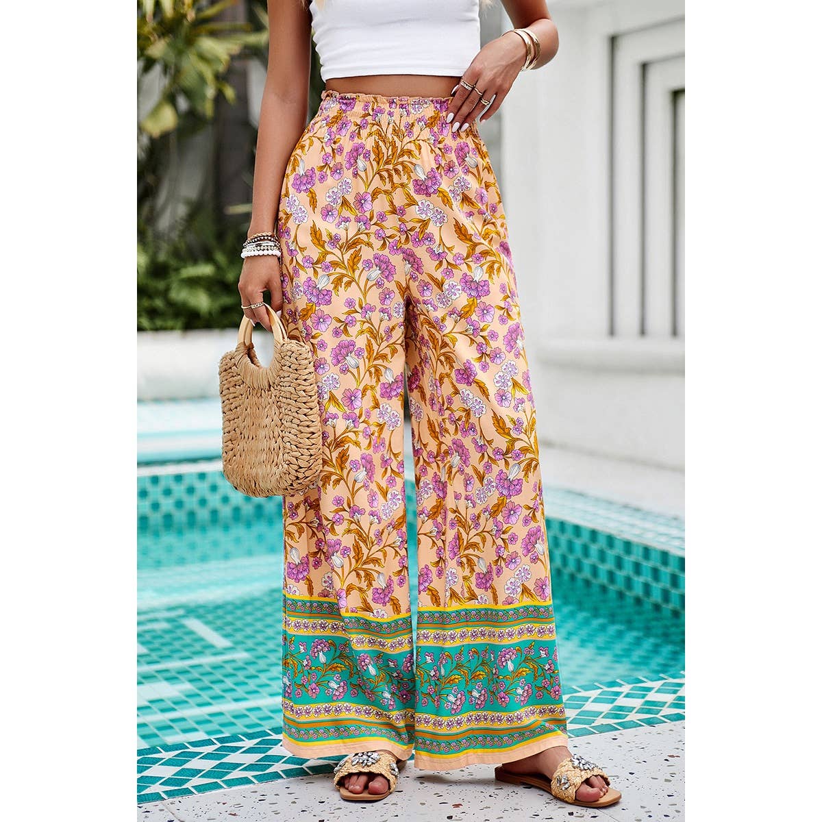 Floral Print Wide Stright Leg Pockets Elastic Pant - MVTFASHION.COM