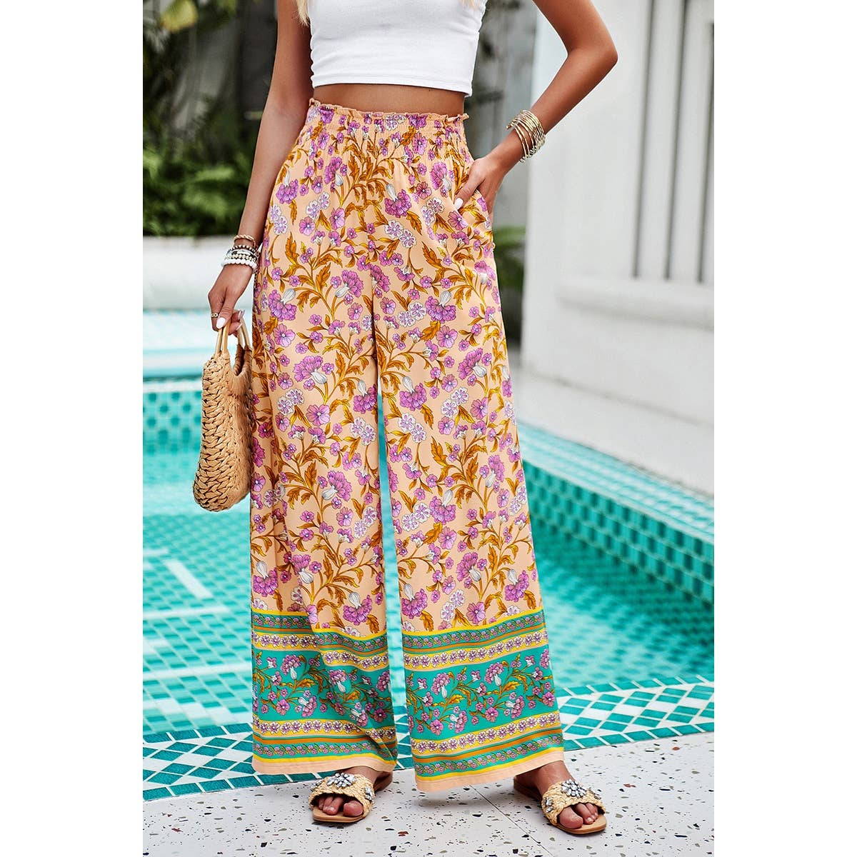 Floral Print Wide Stright Leg Pockets Elastic Pant - MVTFASHION.COM