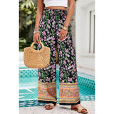 Floral Print Wide Stright Leg Pockets Elastic Pant - MVTFASHION.COM