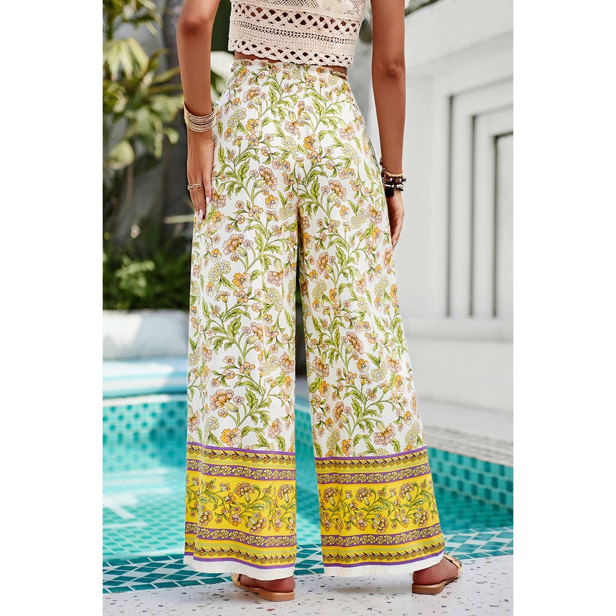 Floral Print Wide Stright Leg Pockets Elastic Pant - MVTFASHION.COM