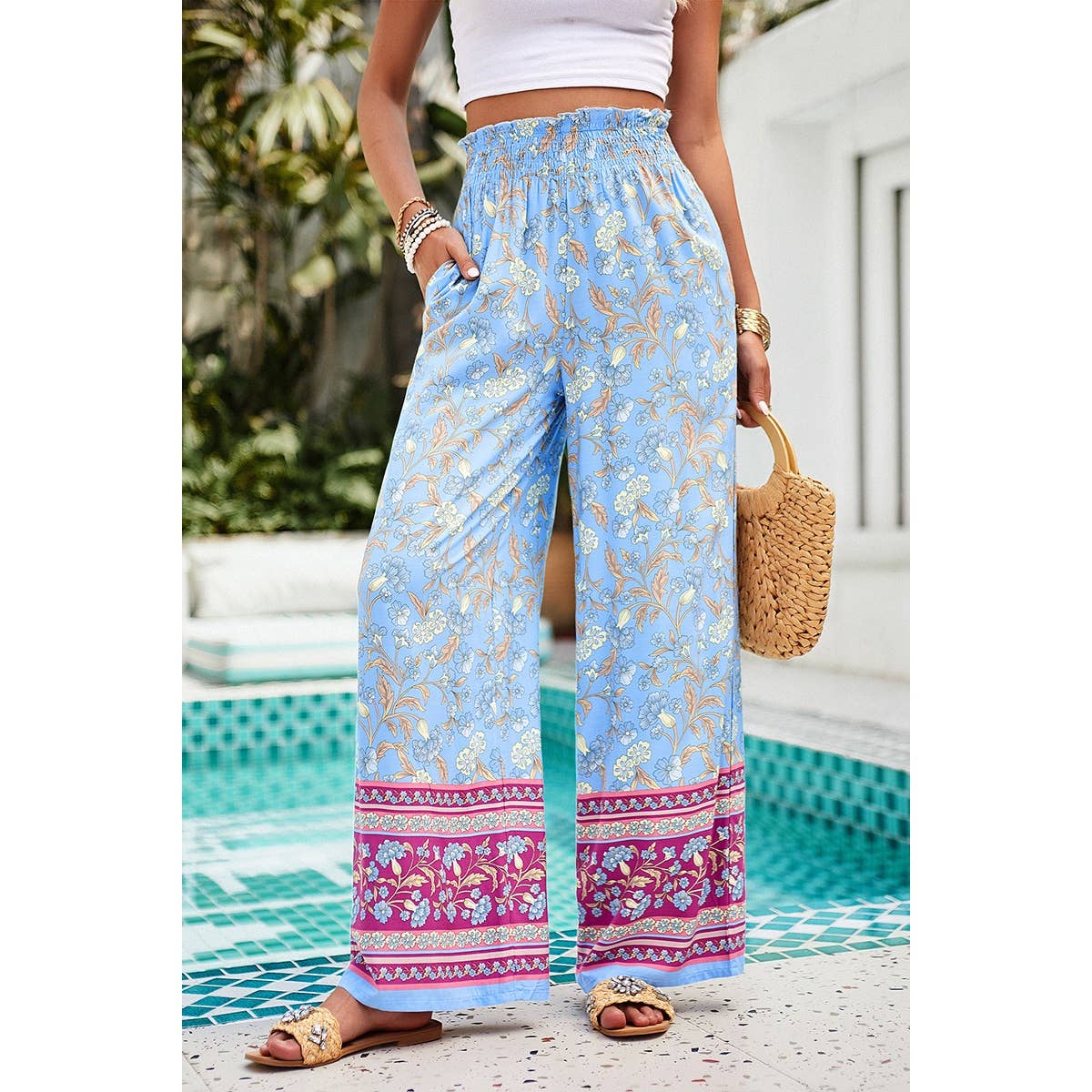 Floral Print Wide Stright Leg Pockets Elastic Pant - MVTFASHION.COM