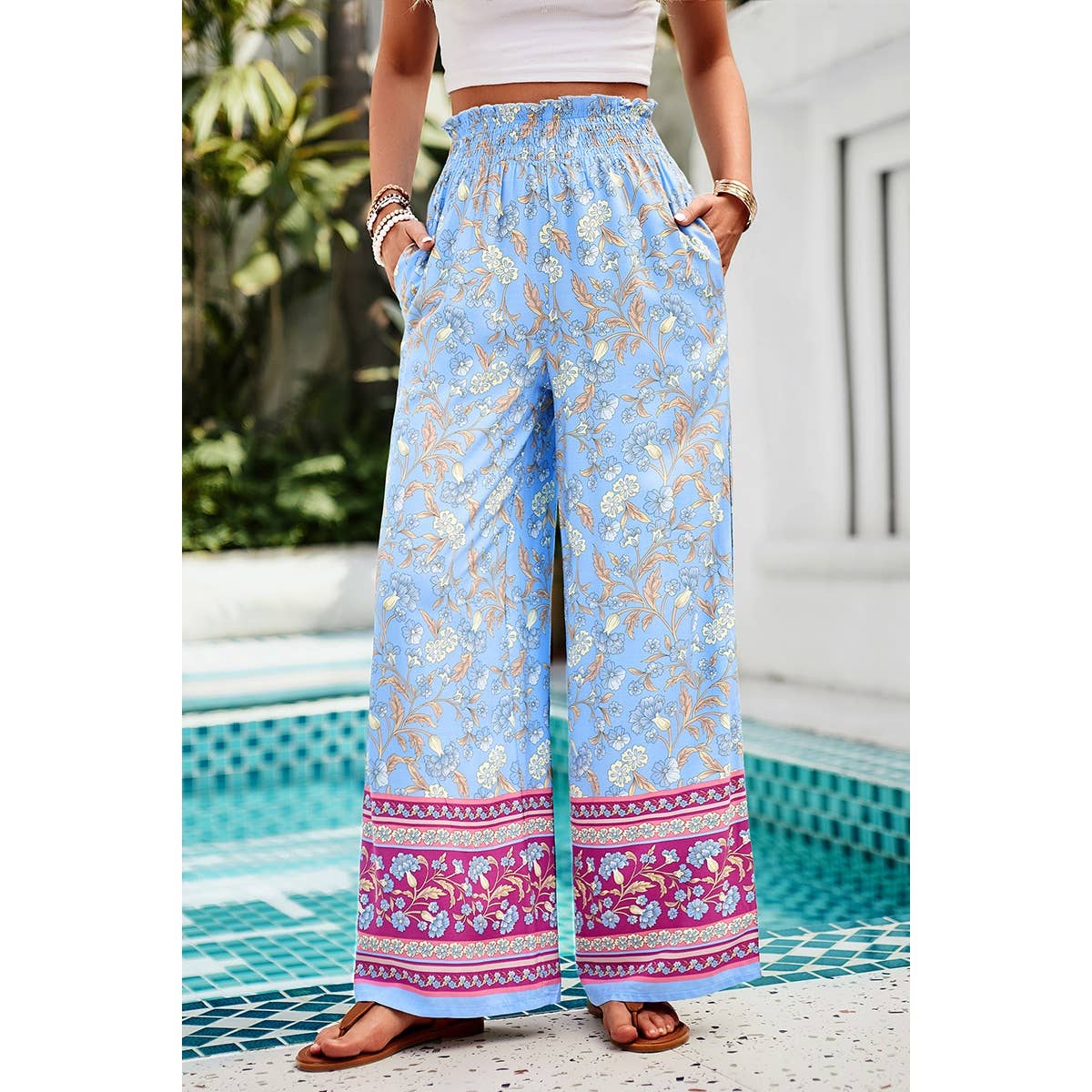 Floral Print Wide Stright Leg Pockets Elastic Pant - MVTFASHION.COM