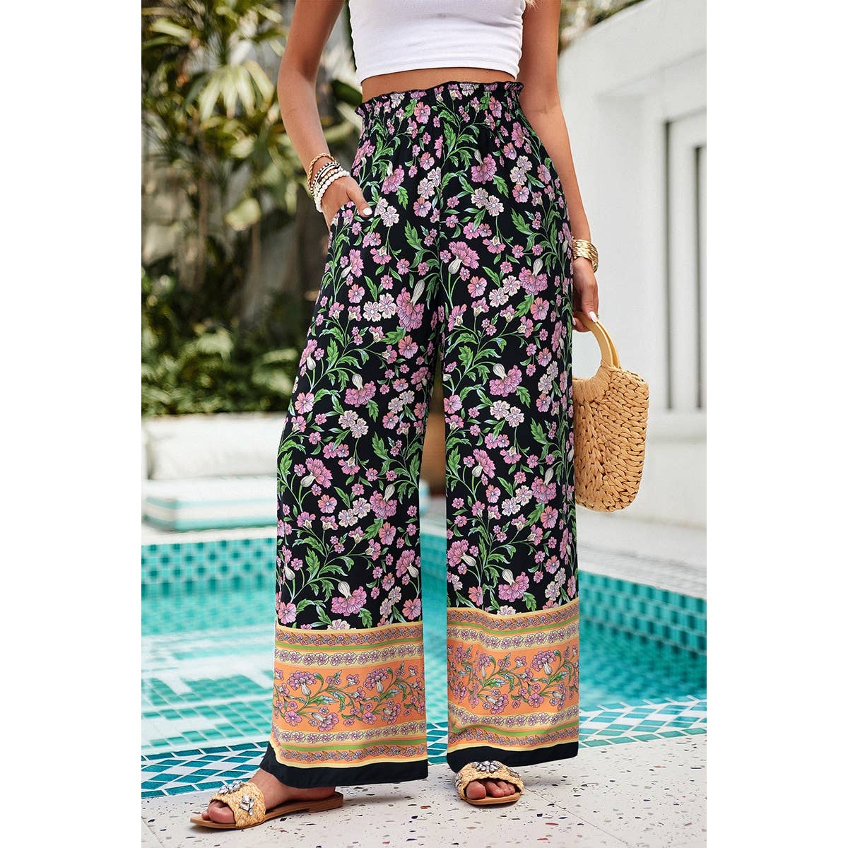 Floral Print Wide Stright Leg Pockets Elastic Pant - MVTFASHION.COM