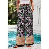 Floral Print Wide Stright Leg Pockets Elastic Pant - MVTFASHION.COM