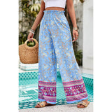 Floral Print Wide Stright Leg Pockets Elastic Pant - MVTFASHION.COM