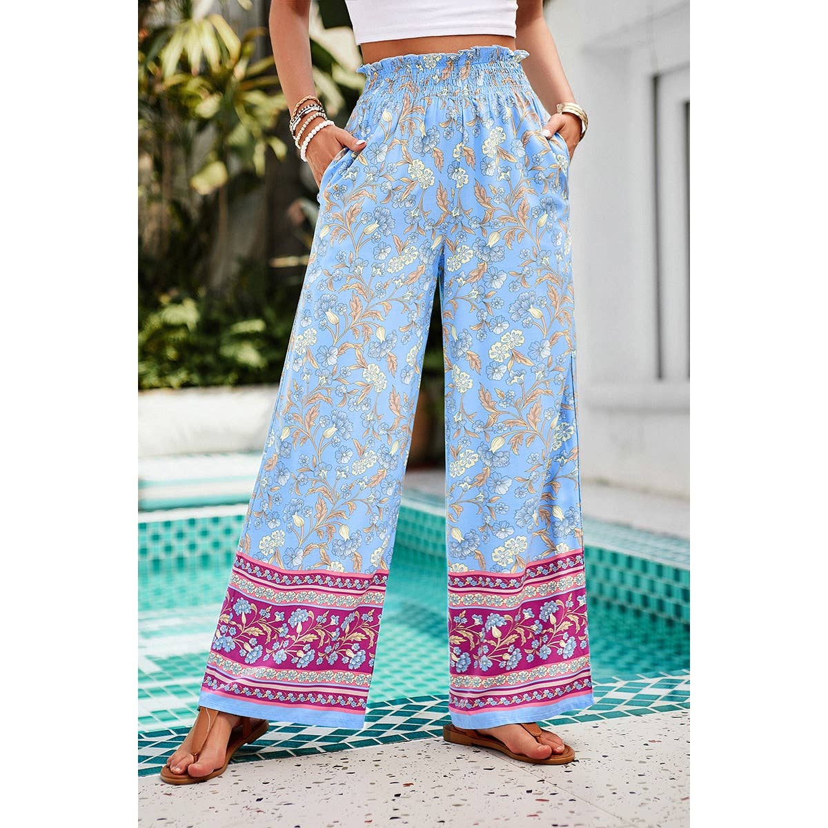 Floral Print Wide Stright Leg Pockets Elastic Pant - MVTFASHION.COM