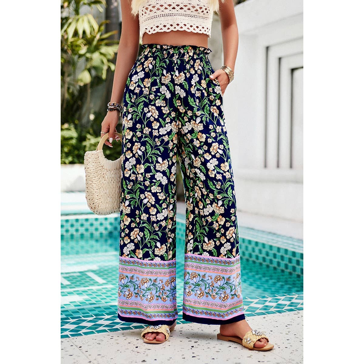 Floral Print Wide Stright Leg Pockets Elastic Pant - MVTFASHION.COM