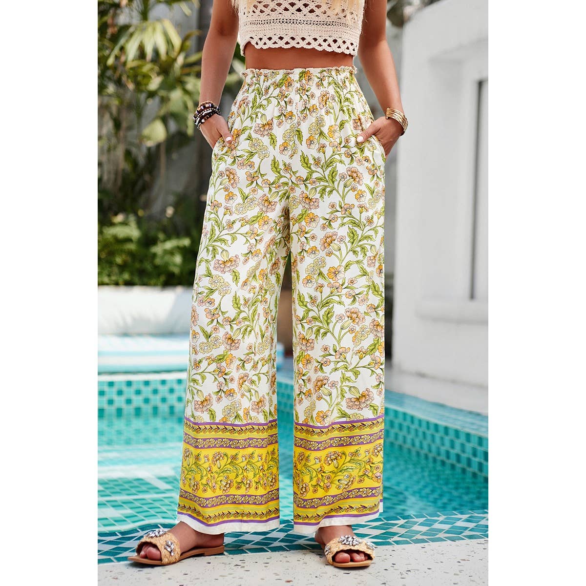 Floral Print Wide Stright Leg Pockets Elastic Pant - MVTFASHION.COM