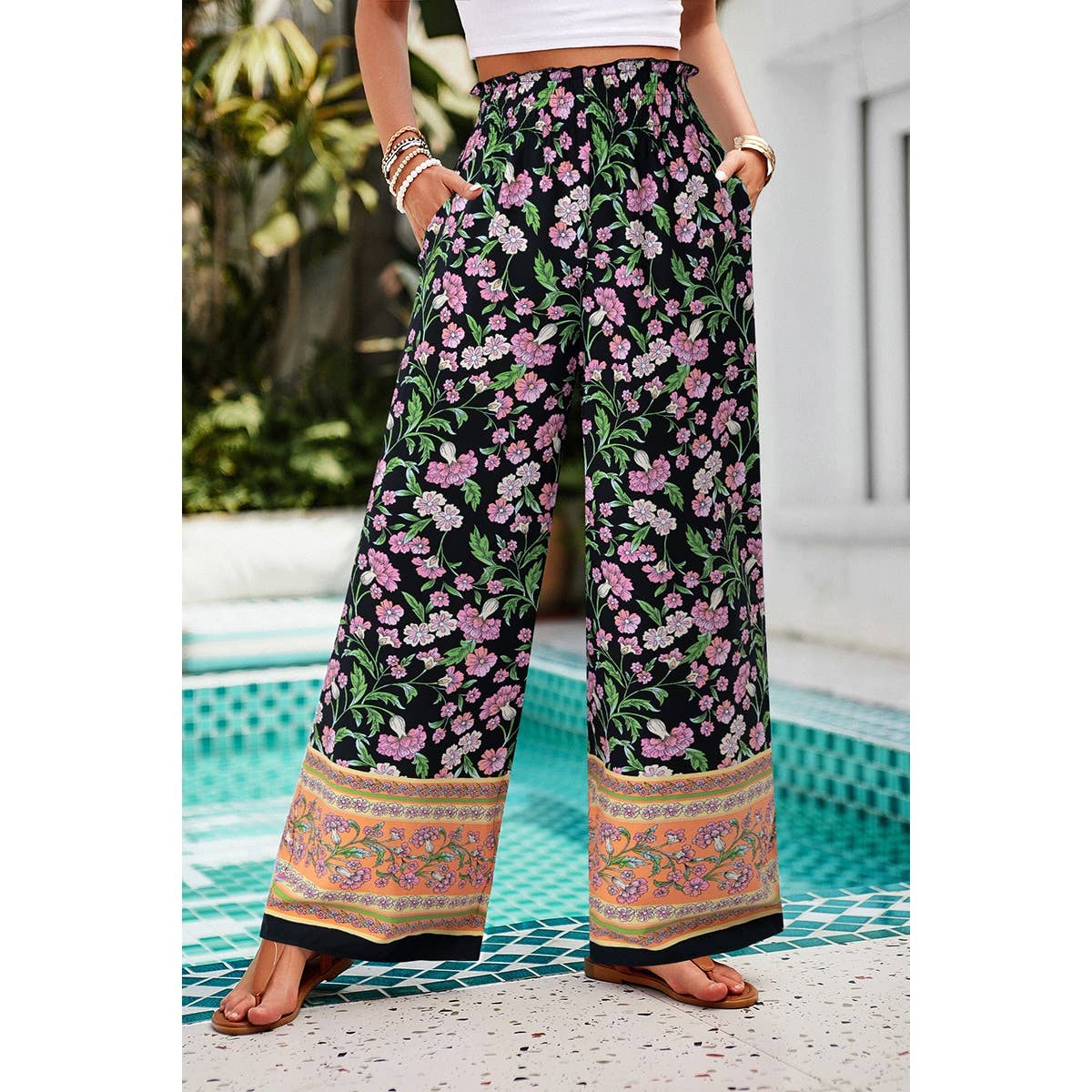 Floral Print Wide Stright Leg Pockets Elastic Pant - MVTFASHION.COM