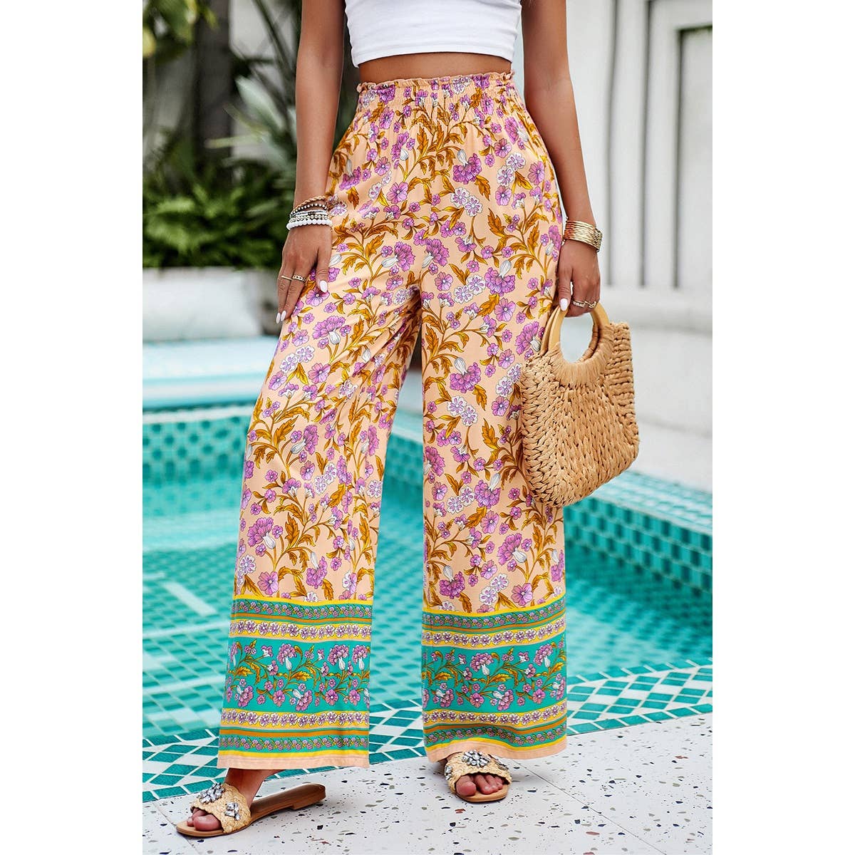 Floral Print Wide Stright Leg Pockets Elastic Pant - MVTFASHION.COM