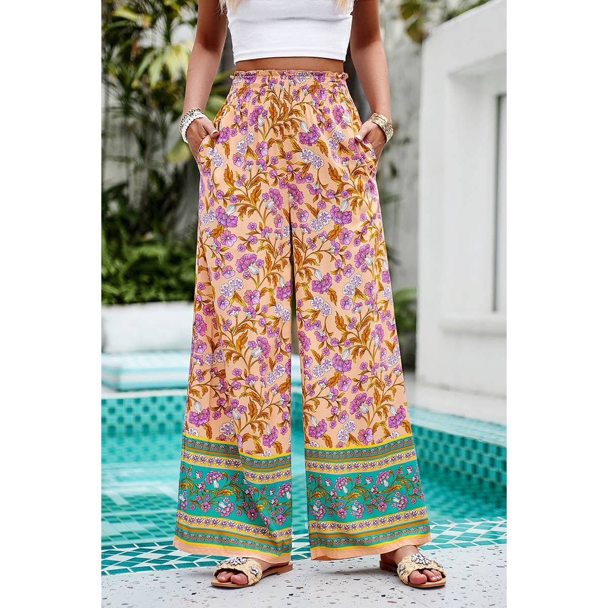 Floral Print Wide Stright Leg Pockets Elastic Pant - MVTFASHION.COM