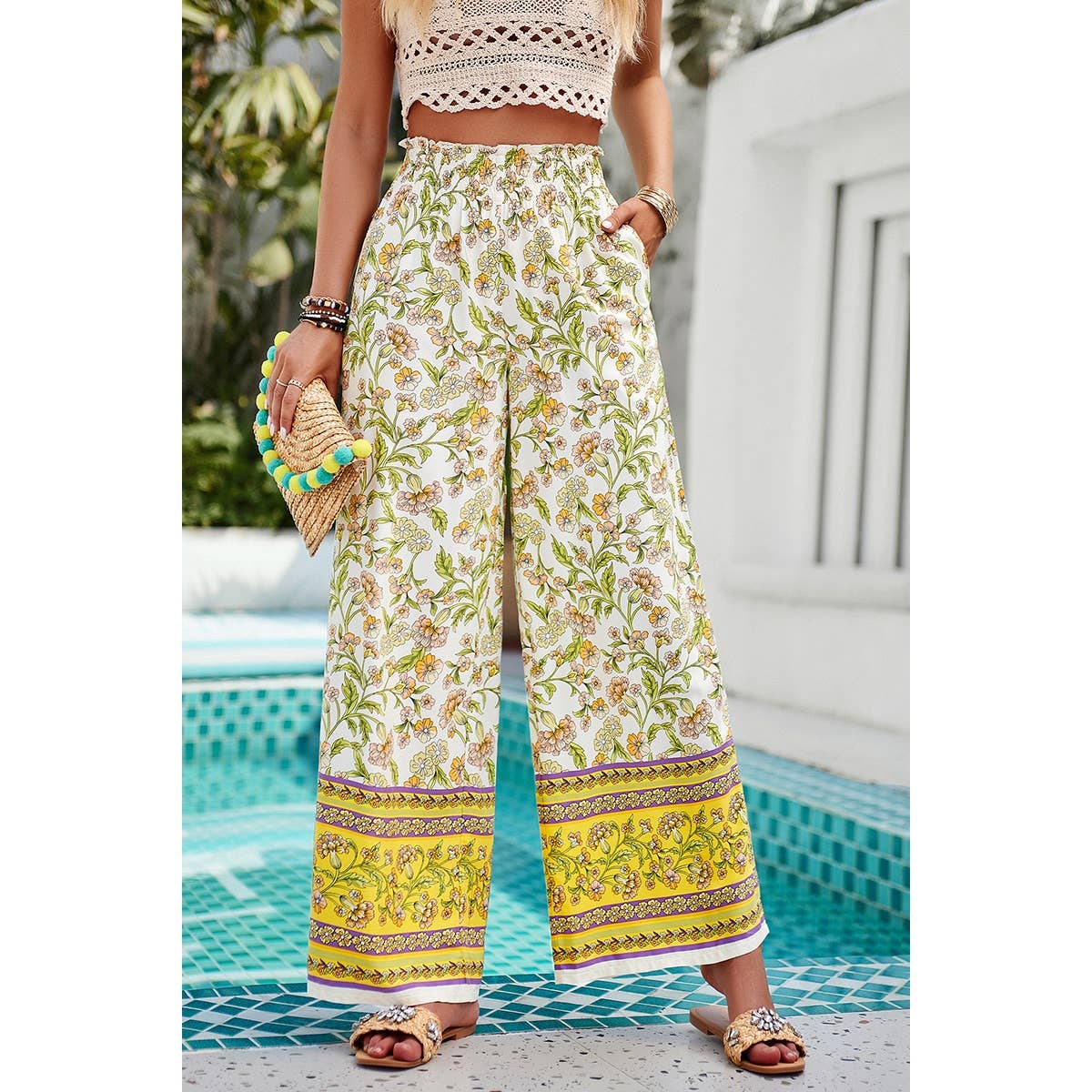 Floral Print Wide Stright Leg Pockets Elastic Pant - MVTFASHION.COM