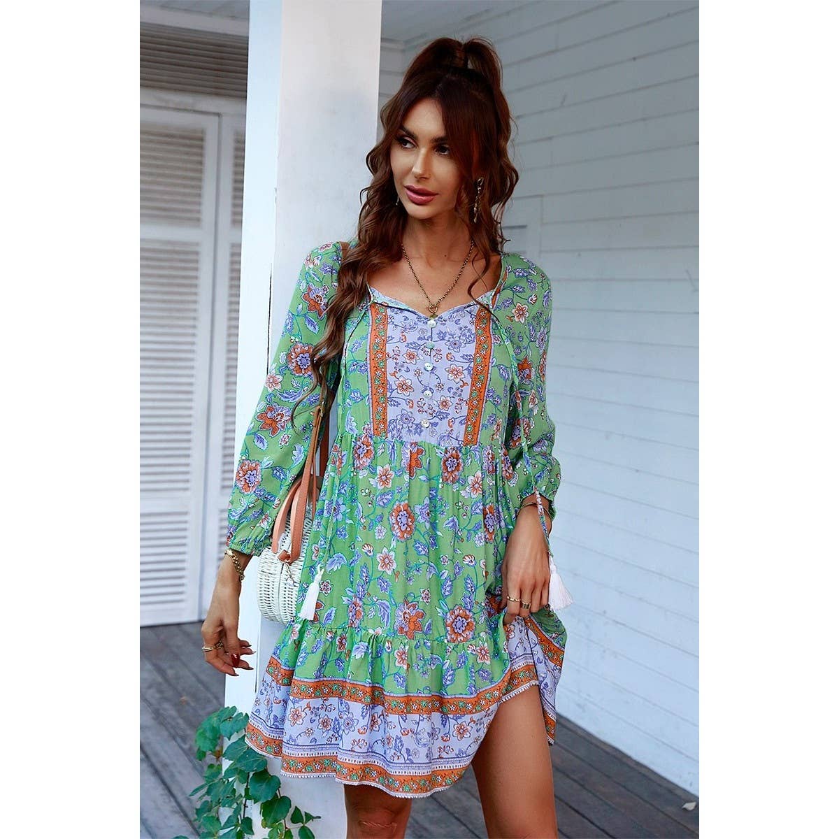 Floral Printed Button Down V Neck Long Sleeve Dress - MVTFASHION.COM