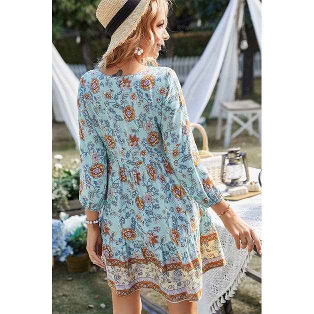 Floral Printed Button Down V Neck Long Sleeve Dress - MVTFASHION.COM