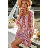 Floral Printed Button Down V Neck Long Sleeve Dress - MVTFASHION.COM