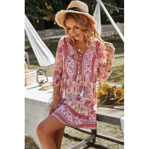 Floral Printed Button Down V Neck Long Sleeve Dress - MVTFASHION.COM