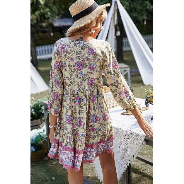 Floral Printed Button Down V Neck Long Sleeve Dress - MVTFASHION.COM