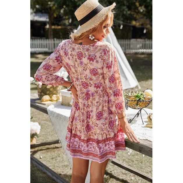 Floral Printed Button Down V Neck Long Sleeve Dress - MVTFASHION.COM