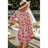 Floral Printed Button Down V Neck Long Sleeve Dress - MVTFASHION.COM