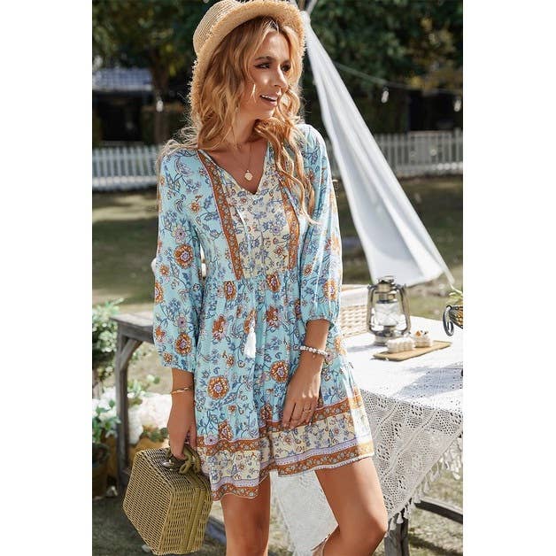 Floral Printed Button Down V Neck Long Sleeve Dress - MVTFASHION.COM
