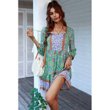 Floral Printed Button Down V Neck Long Sleeve Dress - MVTFASHION.COM