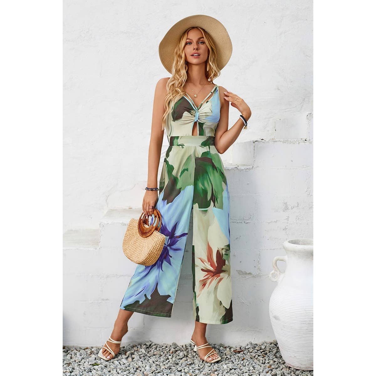 Floral Ruched Cut Out Cross Low Back Jumpsuit - MVTFASHION.COM