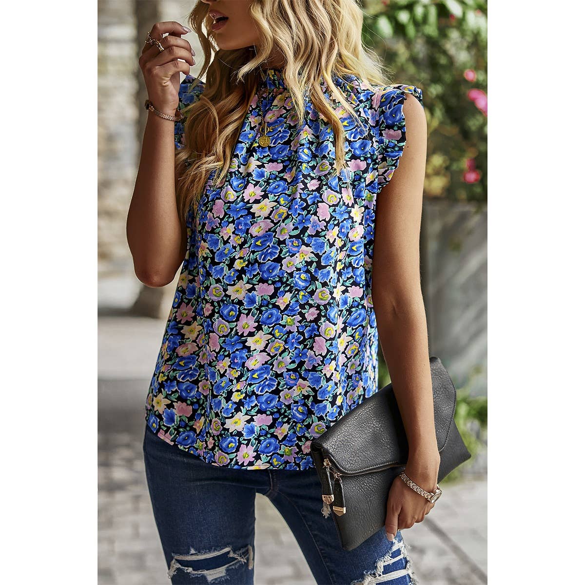 Floral Ruffle Collar Flutter Sleeve Top - MVTFASHION.COM