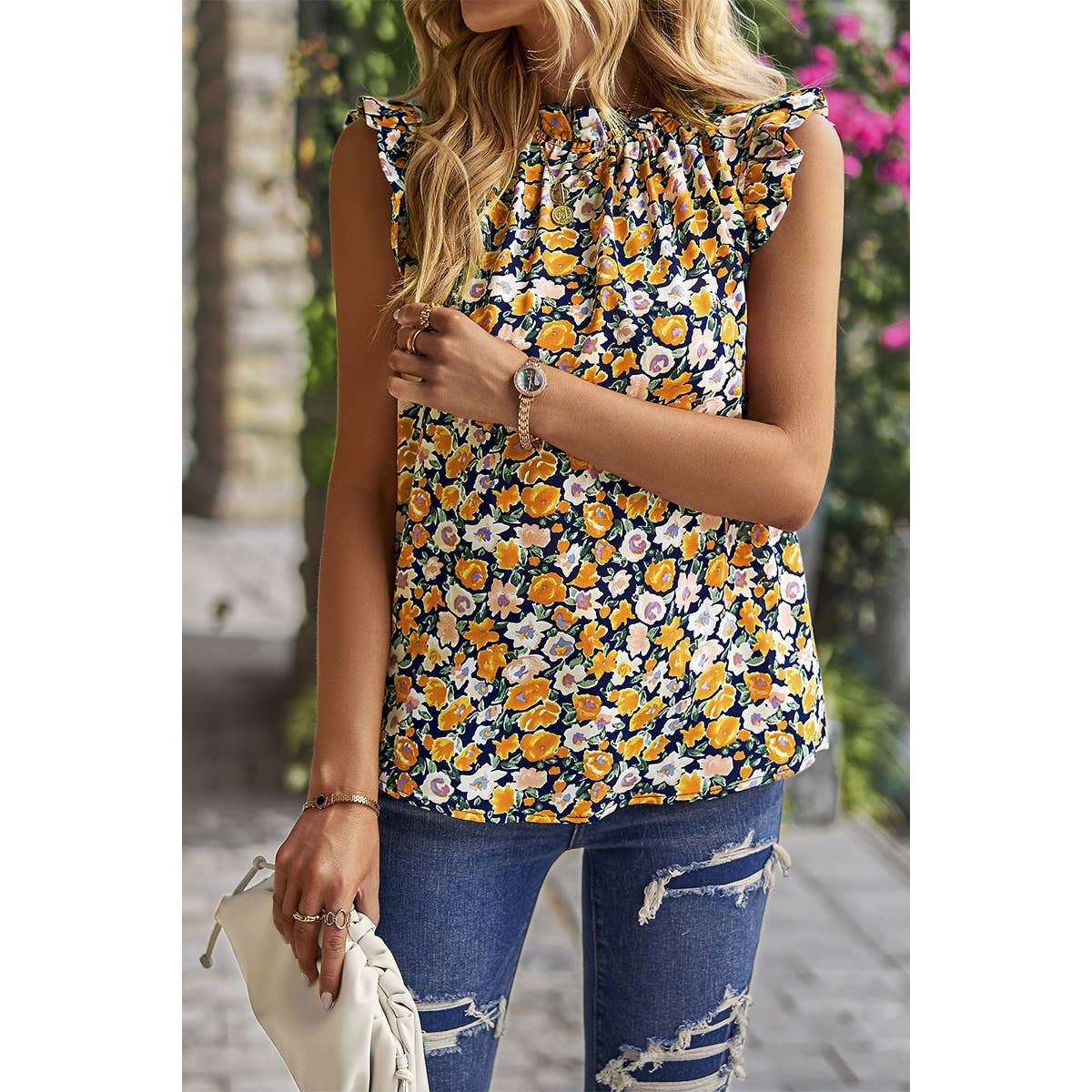 Floral Ruffle Collar Flutter Sleeve Top - MVTFASHION.COM