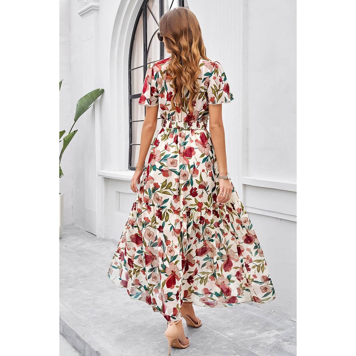 Floral Ruffle Hem Waist Band Color Block Dress - MVTFASHION.COM