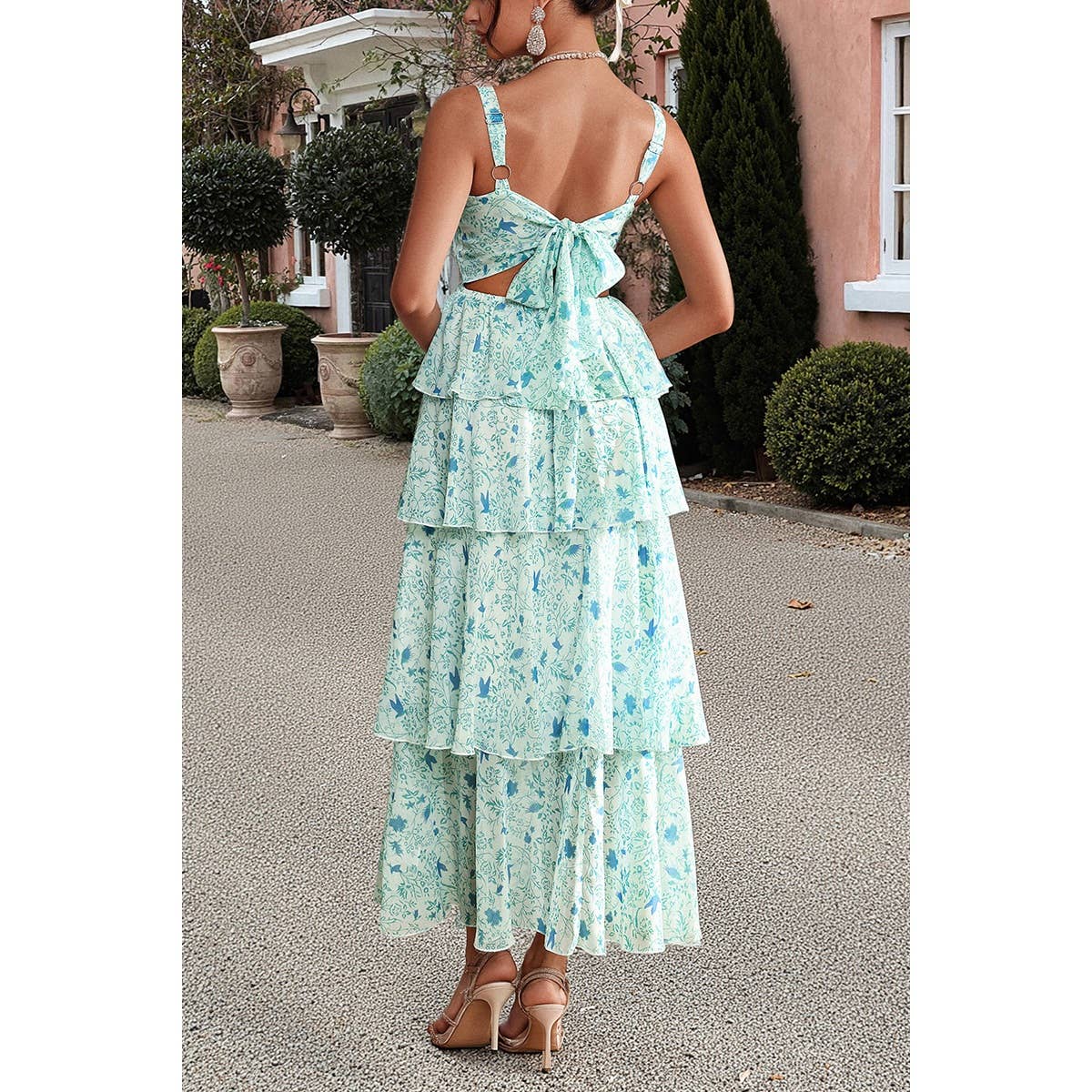 Floral Sleeveless Tie Back Tiered Full Dress - MVTFASHION.COM