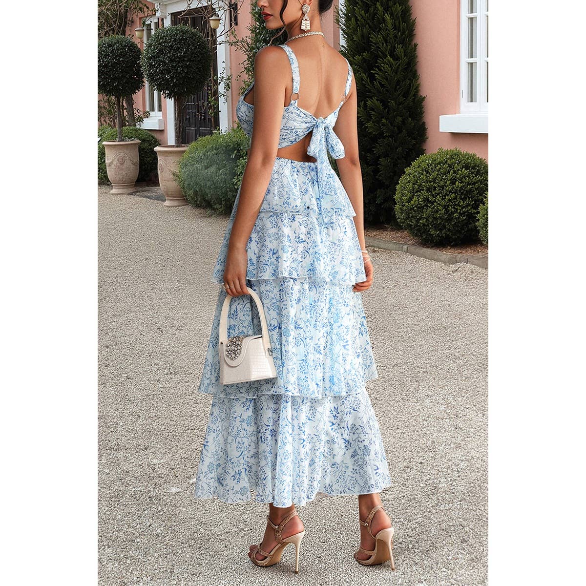 Floral Sleeveless Tie Back Tiered Full Dress - MVTFASHION.COM