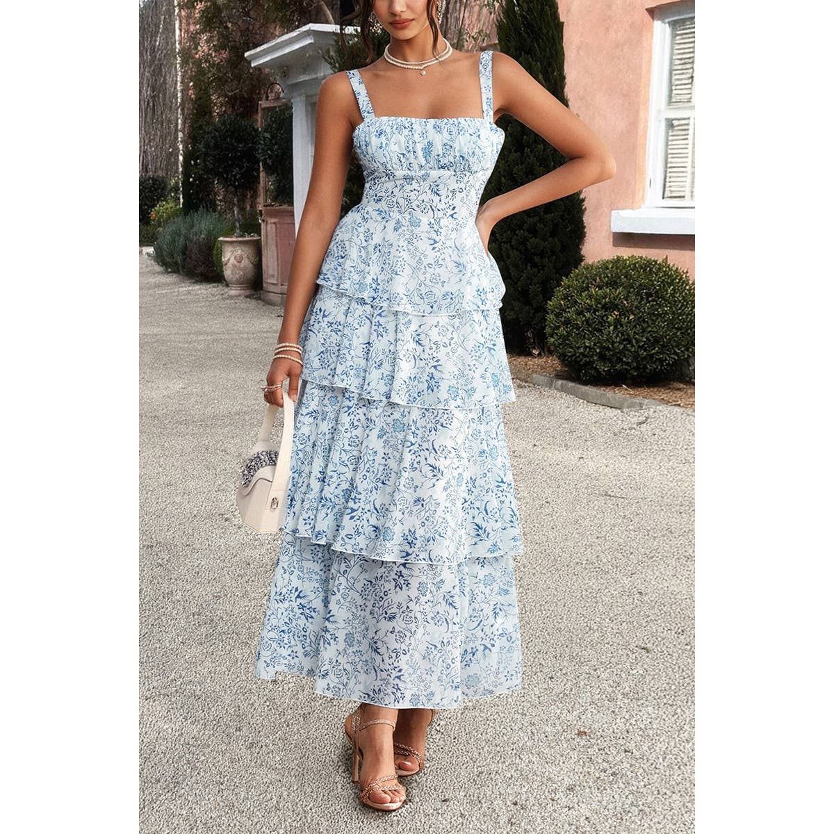 Floral Sleeveless Tie Back Tiered Full Dress - MVTFASHION.COM