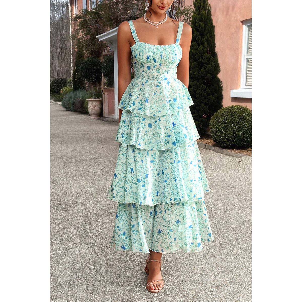 Floral Sleeveless Tie Back Tiered Full Dress - MVTFASHION.COM
