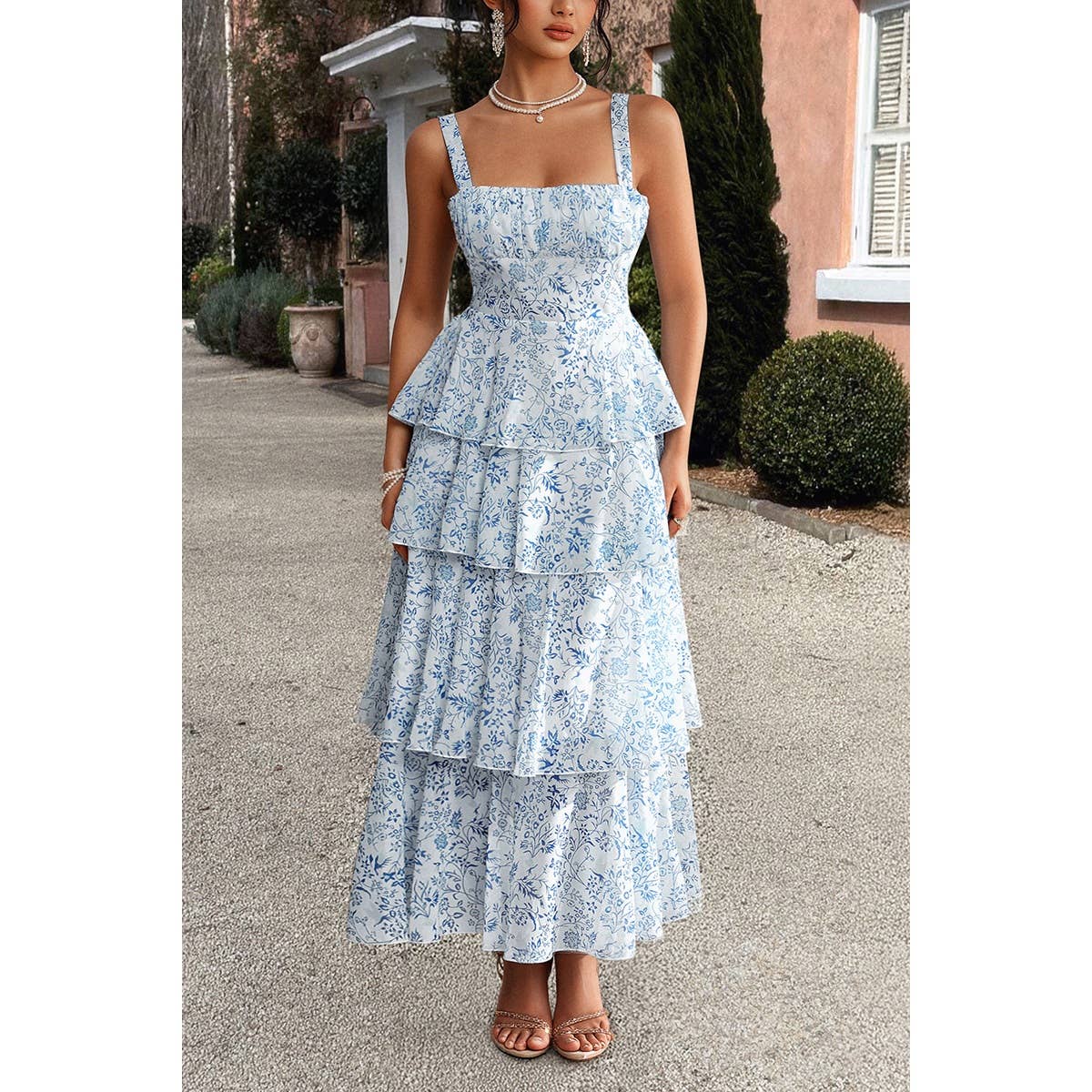 Floral Sleeveless Tie Back Tiered Full Dress - MVTFASHION.COM