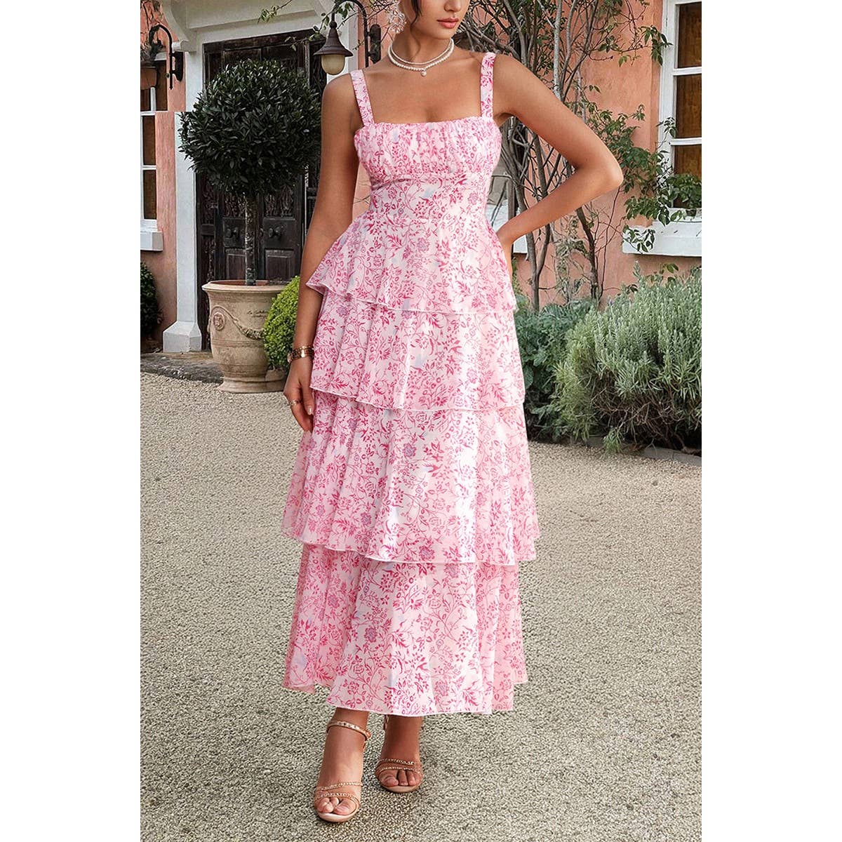 Floral Sleeveless Tie Back Tiered Full Dress - MVTFASHION.COM