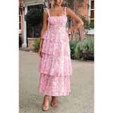 Floral Sleeveless Tie Back Tiered Full Dress - MVTFASHION.COM