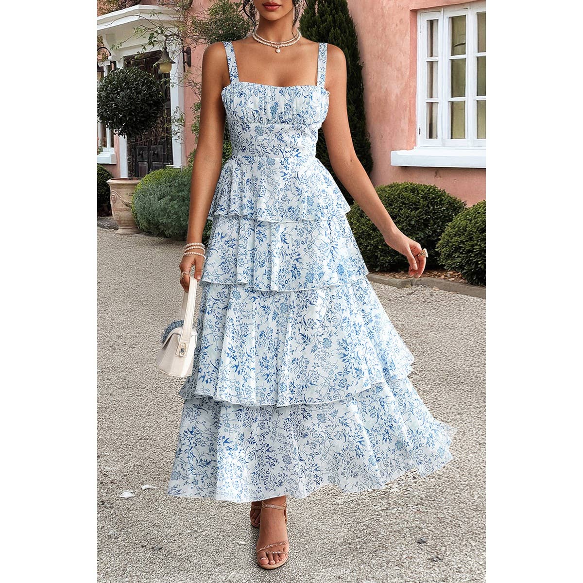Floral Sleeveless Tie Back Tiered Full Dress - MVTFASHION.COM