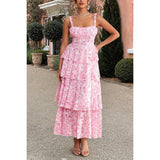 Floral Sleeveless Tie Back Tiered Full Dress - MVTFASHION.COM