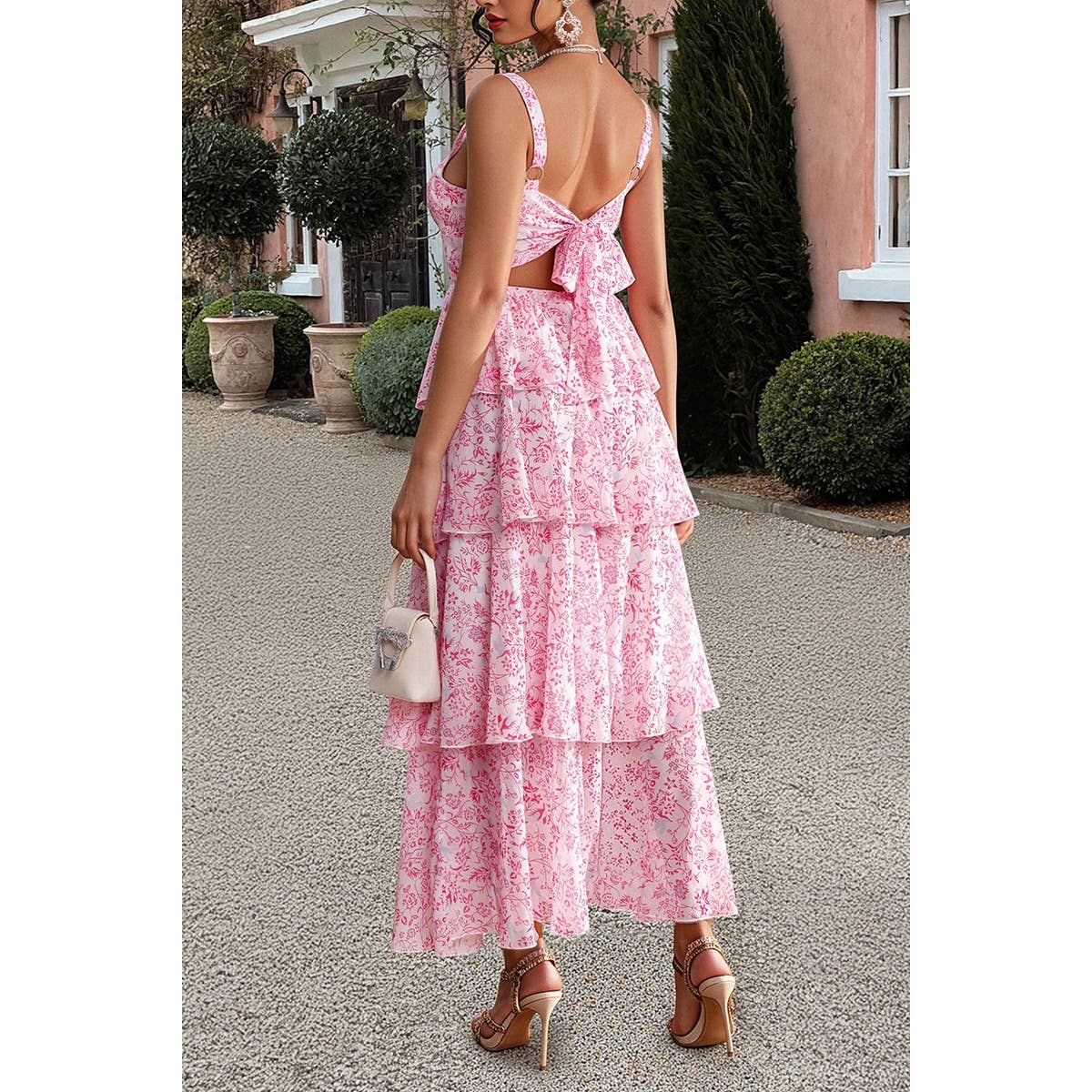 Floral Sleeveless Tie Back Tiered Full Dress - MVTFASHION.COM