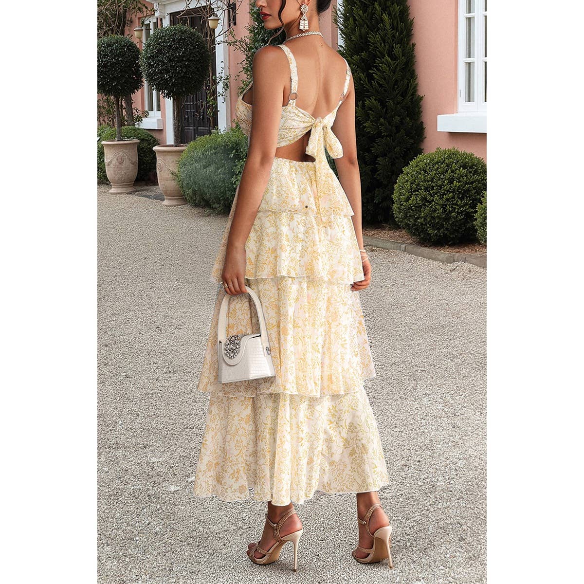 Floral Sleeveless Tie Back Tiered Full Dress - MVTFASHION.COM